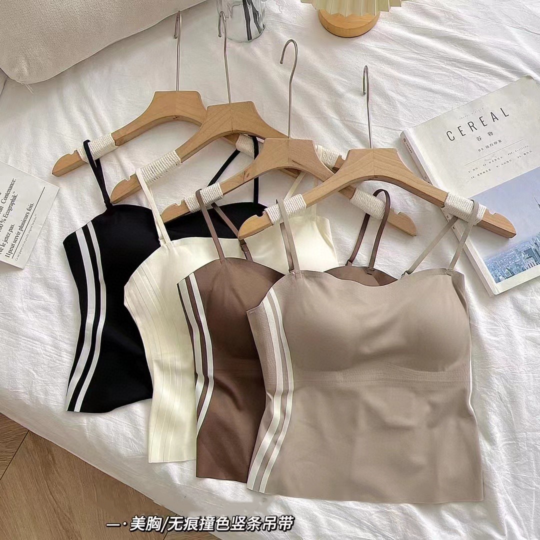 ~運動冰絲無痕條紋吊帶背心辣妹外穿無袖無鋼圈打底衣女