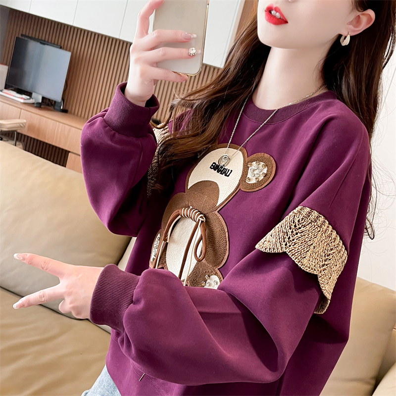 實拍 2024春季新款韓版320克圓領小熊卡通系帶大碼薄款衛衣女