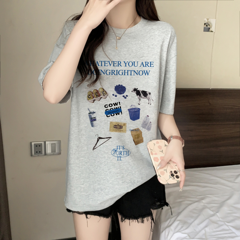 實拍 100%棉精梳純棉 印花夏裝短袖T恤女寬鬆韓版