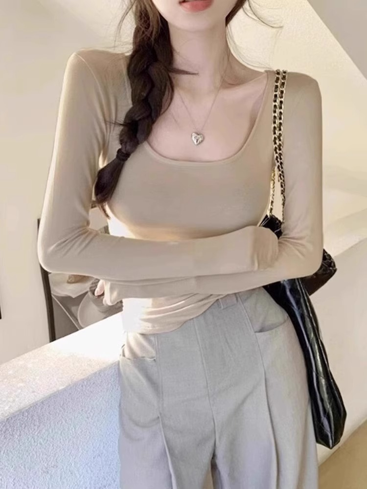 純欲緊身U領打底衫女春季2024新款內搭短款茶藝上衣顯身材長袖t恤