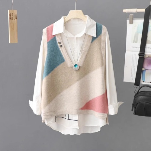 Spring and Autumn 2024 New Women's Outerwear Contrast Color V-Neck Sweater Pullover Knitwear Stacked Vest Vest Women's Waistcoat
