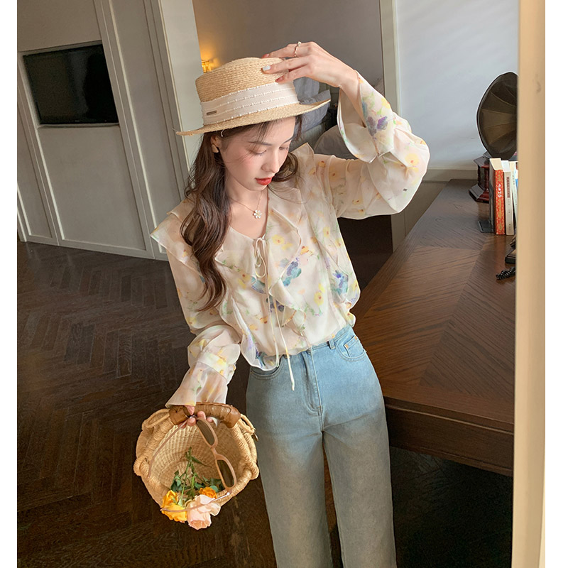 防曬碎花襯衫女早秋法式小眾高級感氣質小個子襯衣薄款長袖上衣