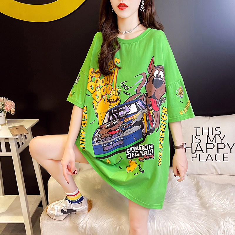 實拍6535棉2024夏季新款設計卡通印花短袖圓領T恤女