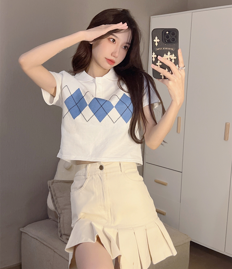 實拍  6535魚鱗夏裝菱格polo領女高腰短款小上衣
