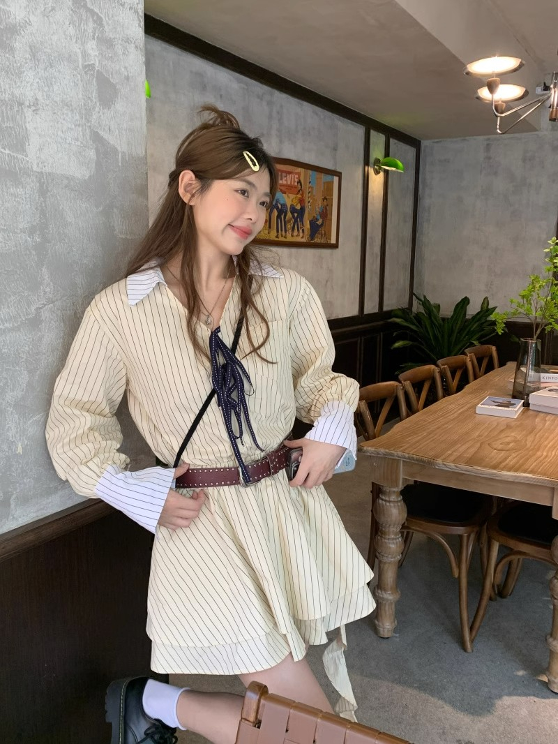 復古撞色拼接設計感長袖連衣裙春秋溫柔甜美風少女感杏色短裙子