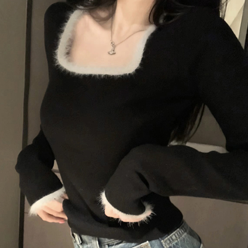 設計感小眾毛衣女秋冬季洋氣方領修身短款內搭長袖打底針織衫上衣
