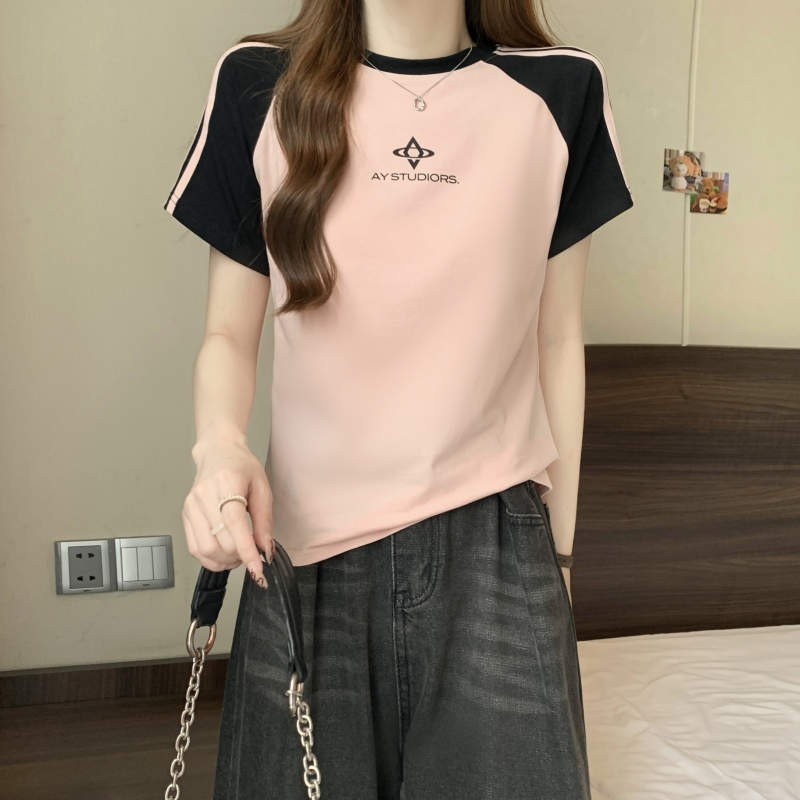 實拍 40支純棉 2024夏裝美式復古短袖T恤女運動風插肩袖撞色上衣