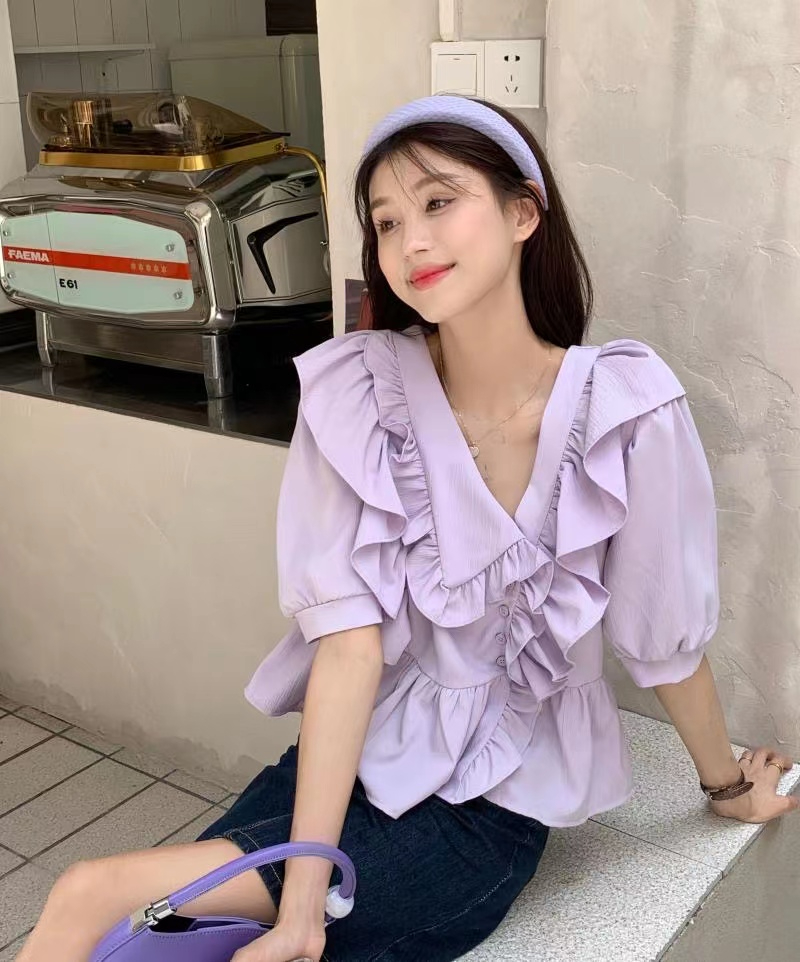 式甜美設計款小眾荷葉邊不對稱翻領泡泡袖襯衫女