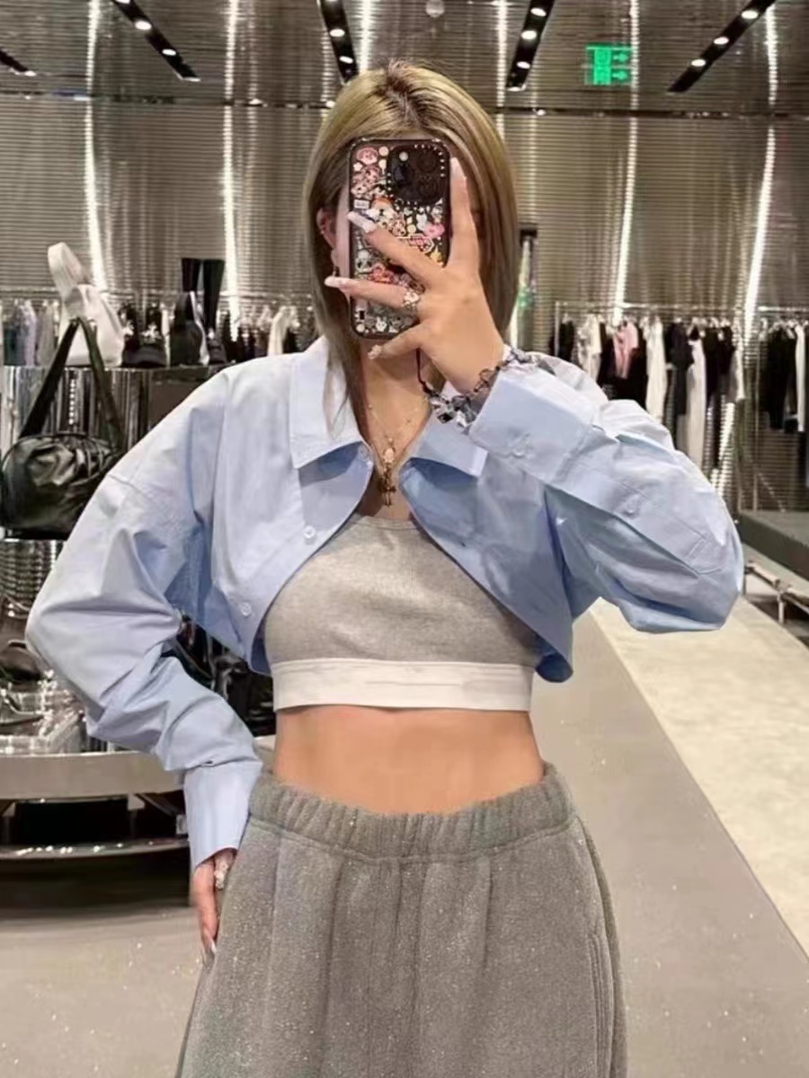 ALEXANDER-BIRD假兩件拼接短款襯衫新款大王23疊搭性感吊帶襯衣女