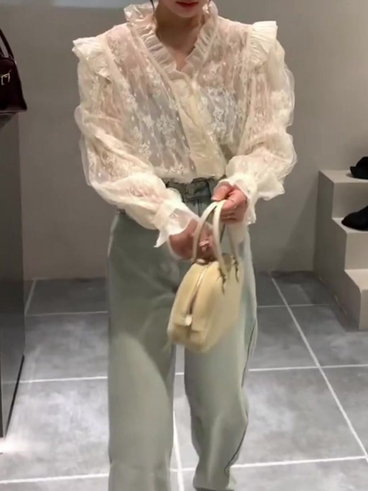 蕾絲打底衫2024春季新款襯衫女法式木耳邊花邊燈籠袖立領雪紡襯衫