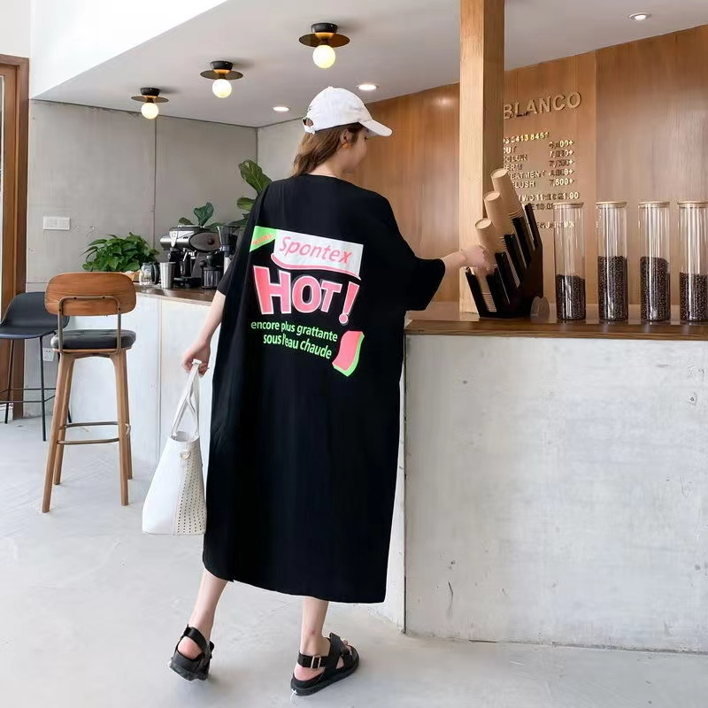 夏季新款日系ins風可甜可咸開叉中長款連衣裙T恤女