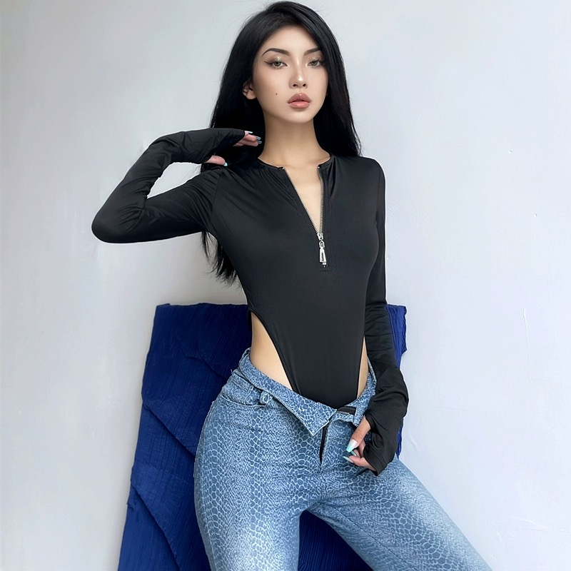 美式復古圓領拉鏈心機正肩長袖連體上衣女秋季修身高開叉舞蹈T恤