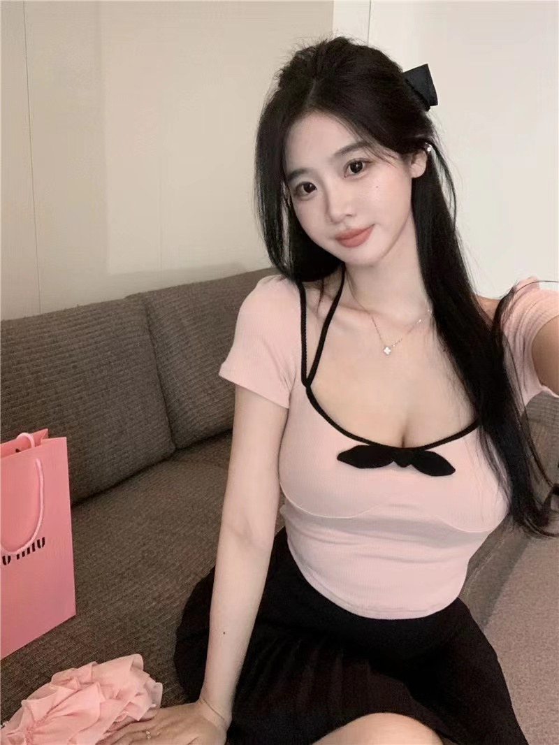 Pure Desire Bow Square Neck Sexy Collarbone Exposed T-Shirt