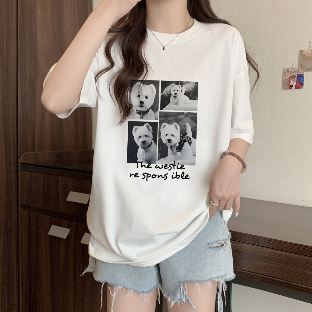 實拍 100%棉精梳純棉 印花夏裝短袖T恤女寬鬆韓版