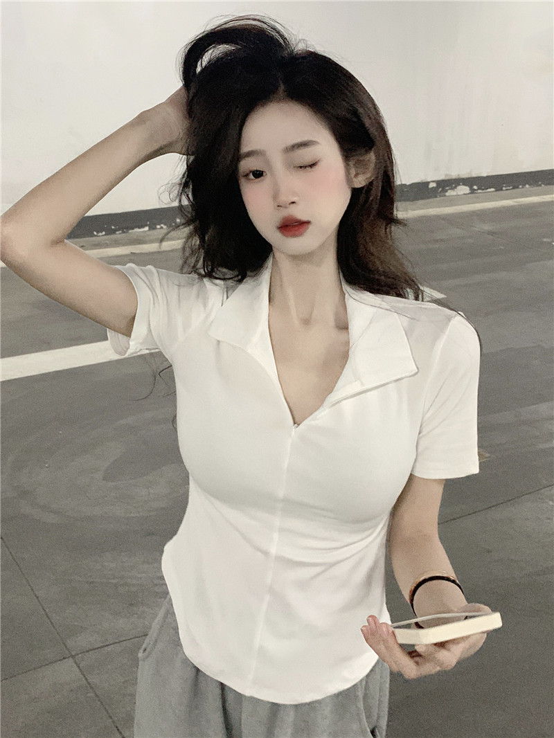 實拍~~2024夏季辣妹修身美式翻領短袖T恤純欲外穿內搭T恤