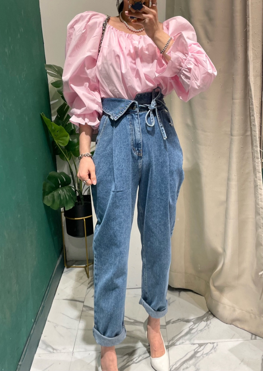 春季新款時尚修身百搭系帶高腰牛仔褲女