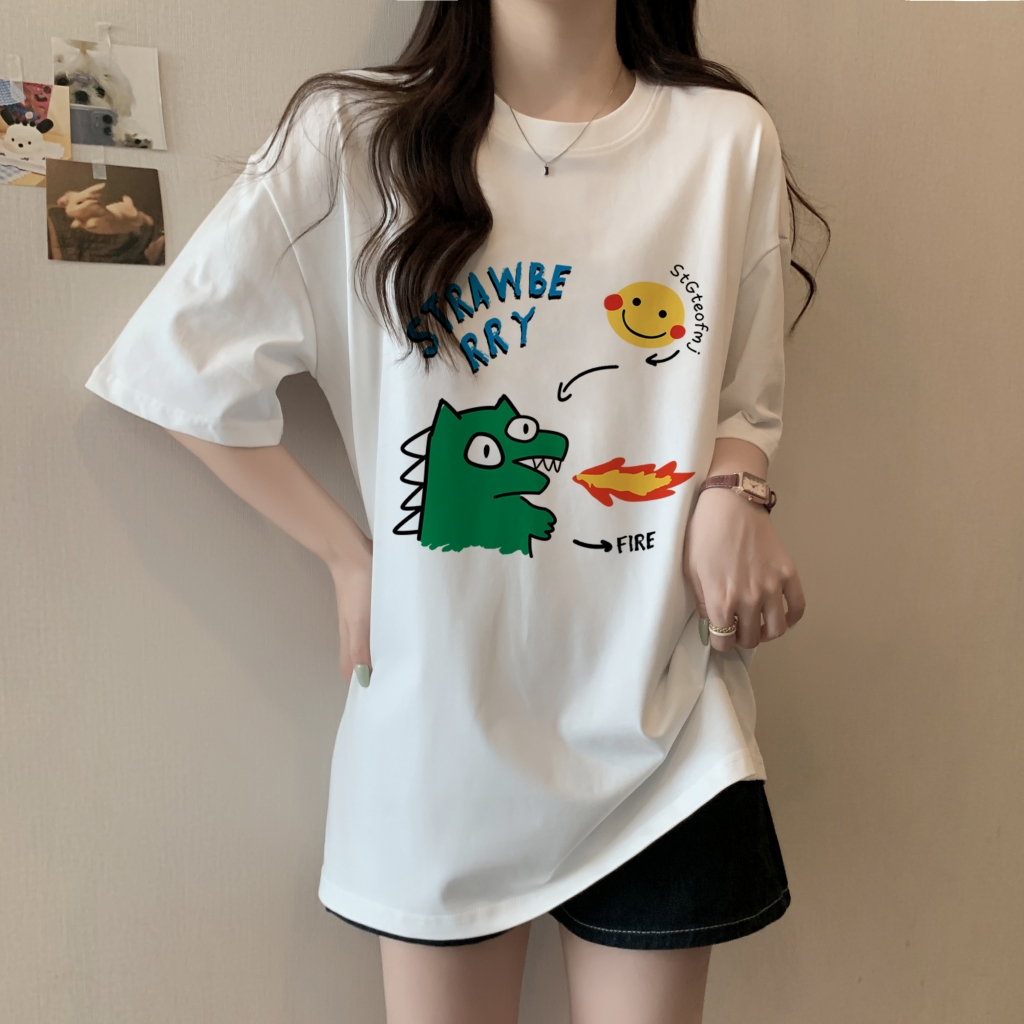 Real shot 100% cotton combed cotton printed summer short-sleeved T-shirt women's loose Korean style