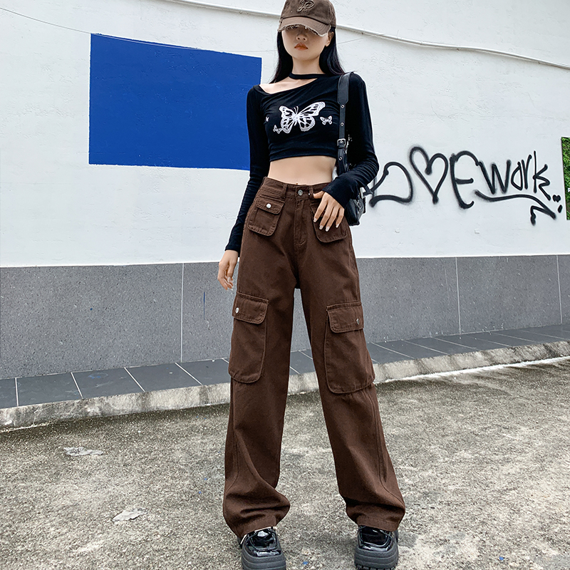 實拍2024早春美式休閒工裝褲女寬鬆闊腿褲牛仔長褲
