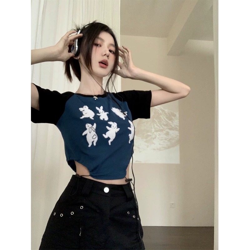 已出貨 印花短袖T恤女夏季新款美式正肩短款設計感抽繩修身上衣潮