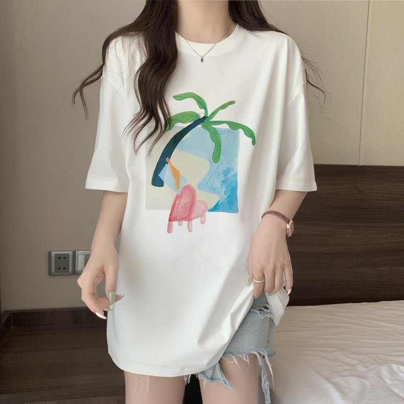 實拍 100%棉精梳純棉 印花夏裝短袖T恤女寬鬆韓版
