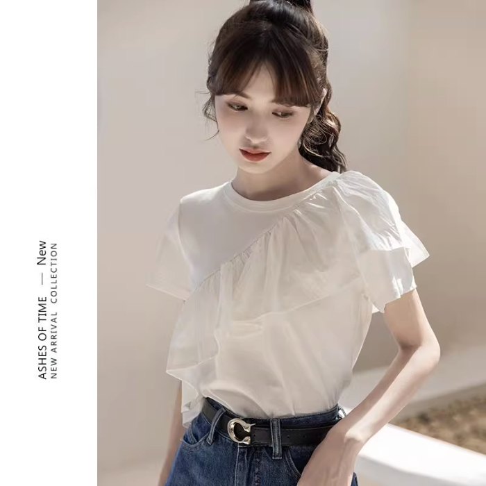 荷葉邊短袖T恤女夏韓版2024新款設計感小眾白色獨特别致上衣