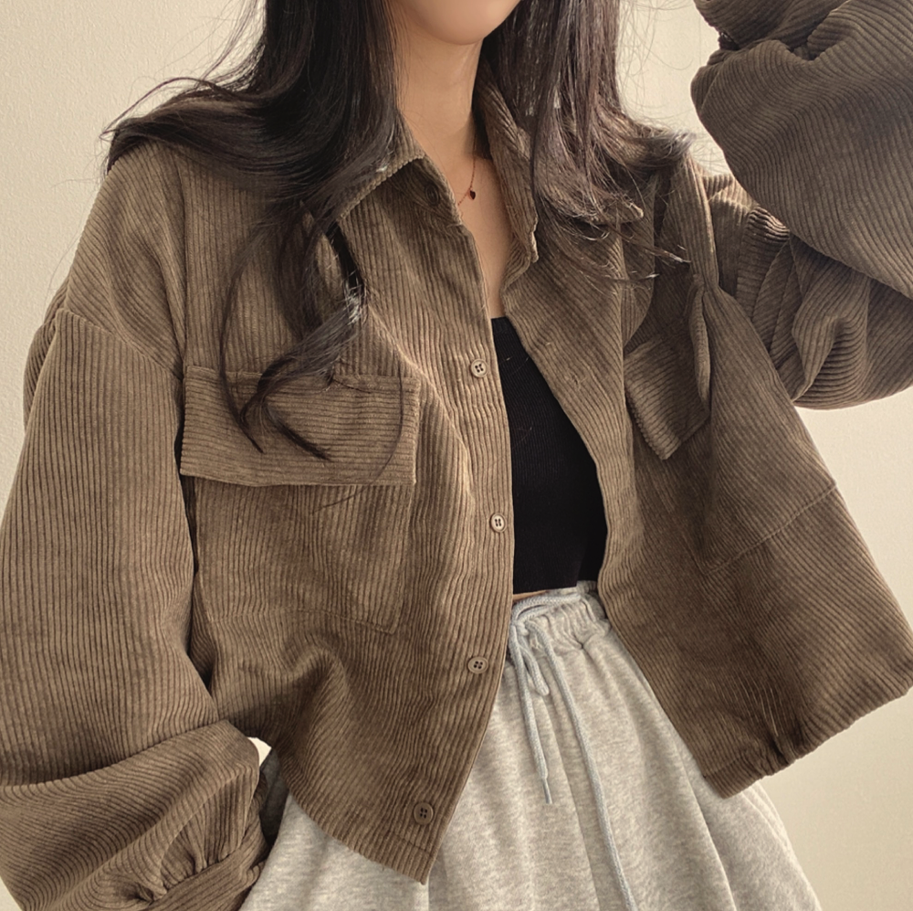 韓國chic2024春秋法式復古百搭單排扣翻領燈芯絨襯衫長袖外套女潮
