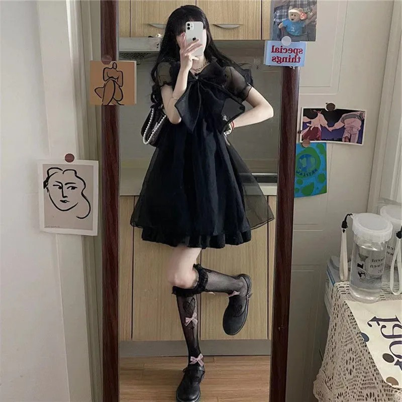 時尚超火網紗短袖連衣裙女夏季新款法式高級感收腰顯瘦短裙蓬蓬裙