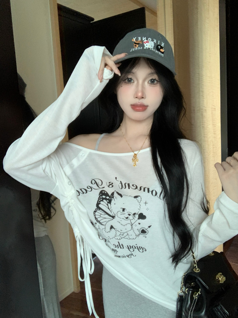 實拍~毛細女子 印花寬鬆長袖T恤罩衫修身吊帶裙中長款兩件套