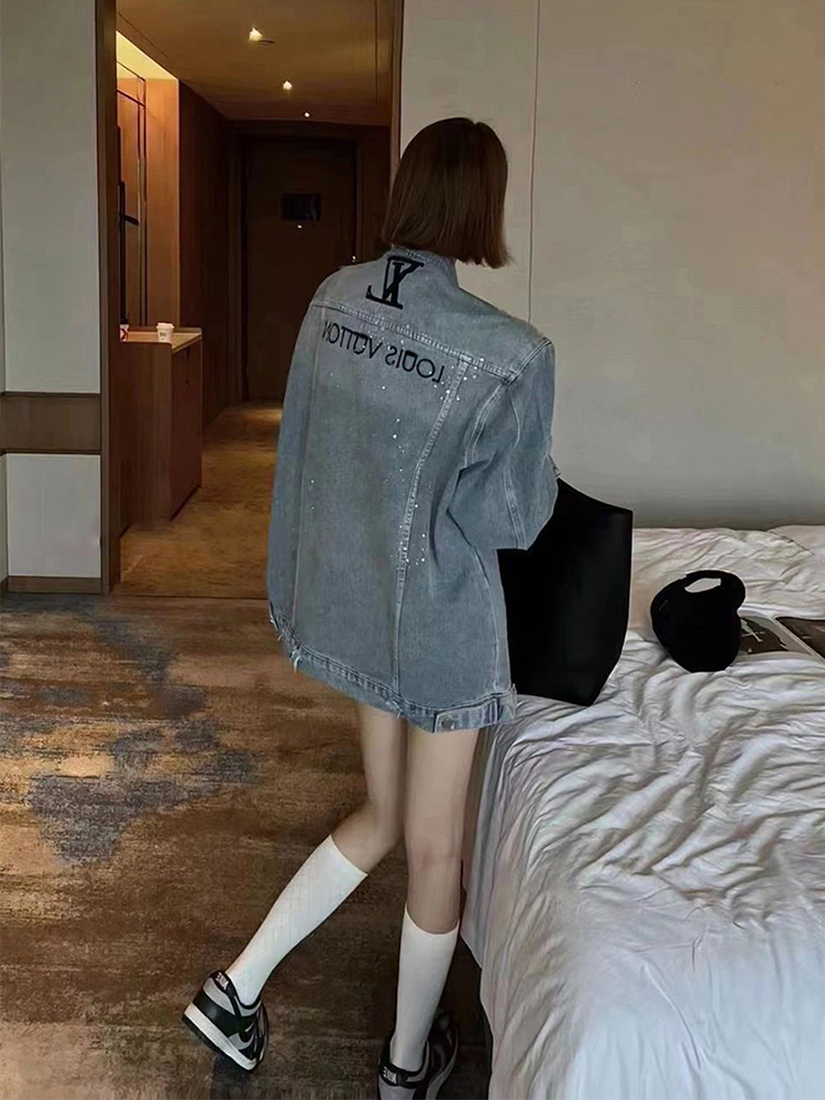 歐美復古加厚藍色牛仔外套小眾設計感字母刺繡燙鑽寬鬆上衣