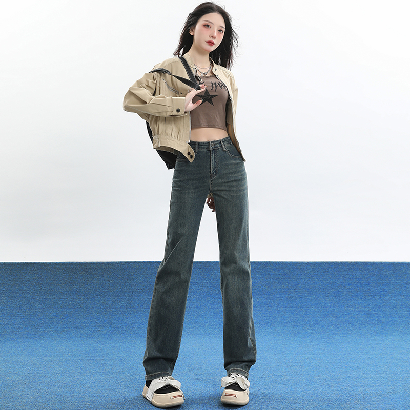 實拍2024早春高腰直筒牛仔褲女顯瘦垂感窄版小直筒長褲