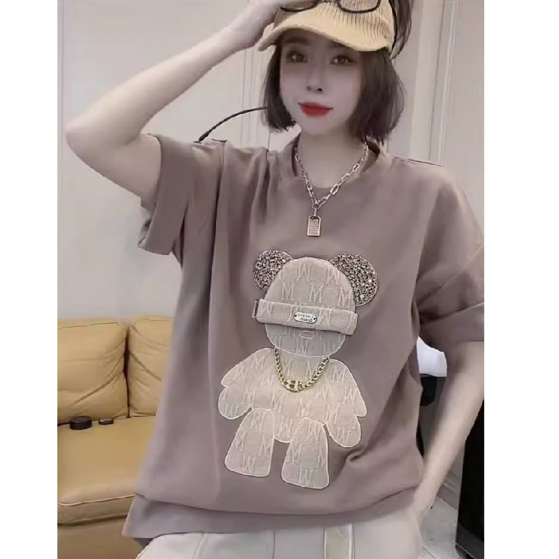 歐貨重工鑲鑽磨毛短袖2024夏季新款寬鬆圓領百搭T恤女