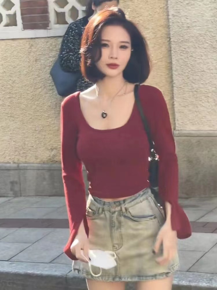 前後兩穿U領修身長袖T恤女2024年春秋內搭外穿打底百搭設計感上衣