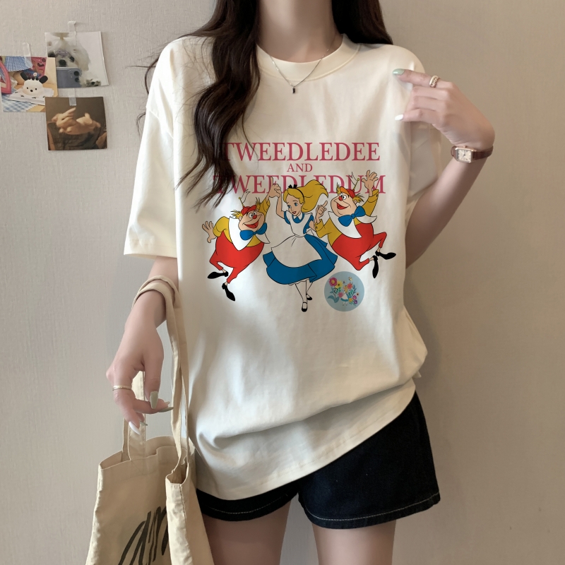 實拍 100%棉精梳純棉 印花夏裝短袖T恤女寬鬆韓版