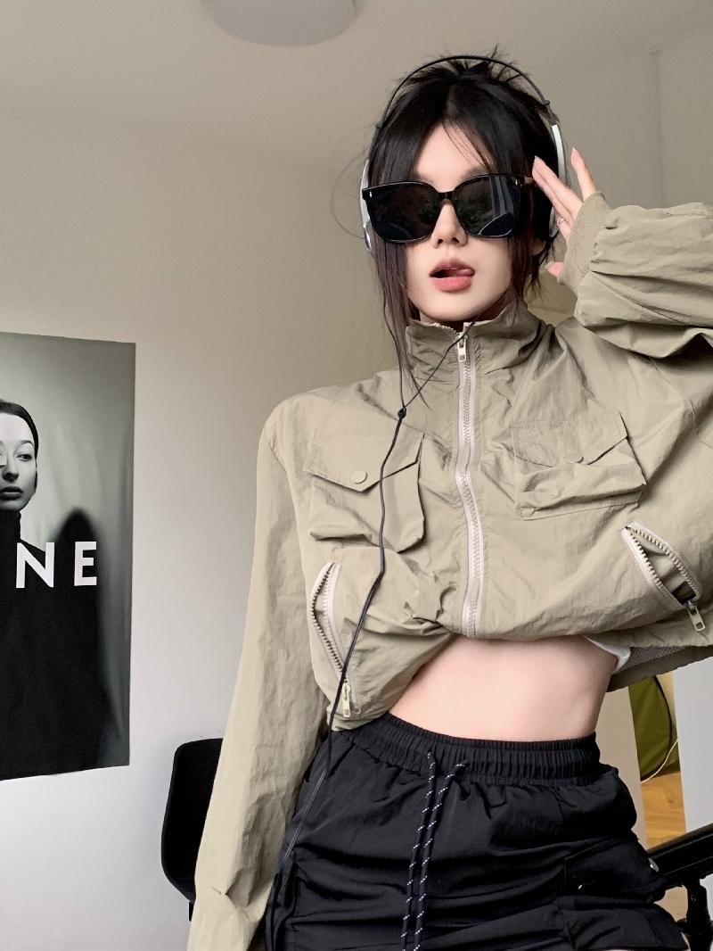 Real shot American retro workwear drawstring short coat thin stand-up collar zipper long-sleeved sun protection clothing for women
