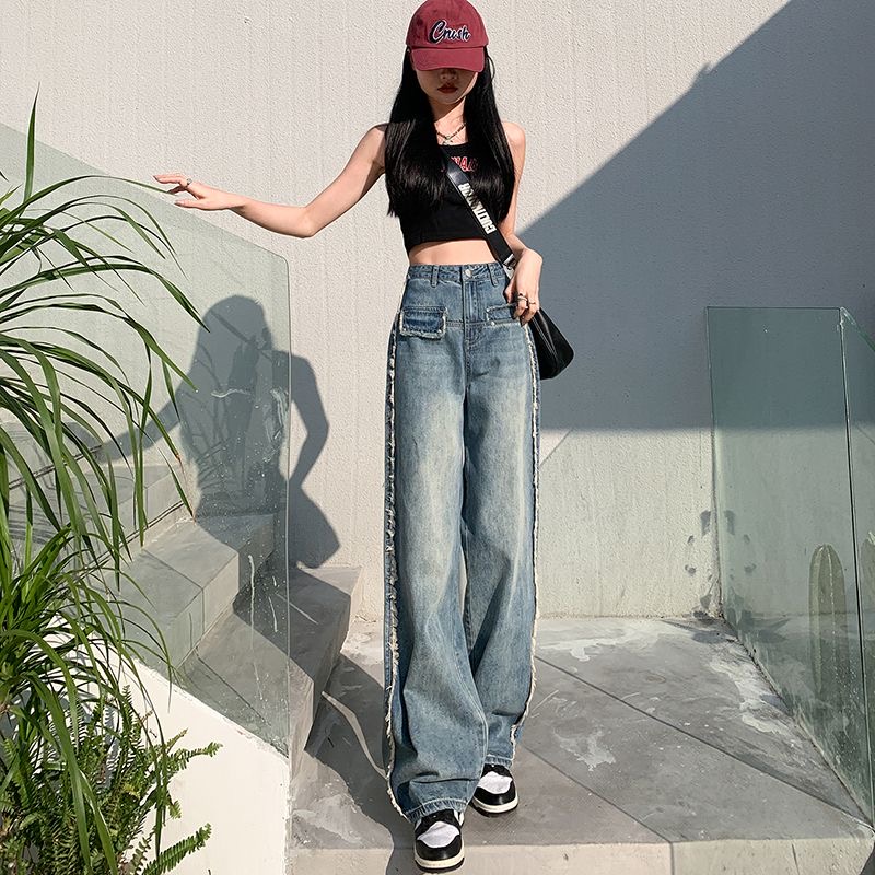 美式復古毛邊牛仔褲女春季2024新款高腰寬鬆直筒垂感拖地褲子