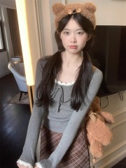 Ruffled 5X4~Colorful Bow Tie U-Neck Knit Sweater Women's Winter Short Fitting Underwear Top 