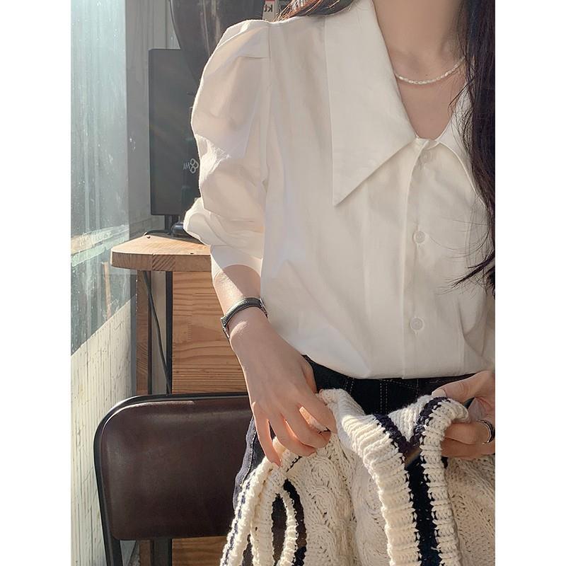 白色法式襯衫女春秋款設計感小眾上衣時尚洋氣別致泡泡袖尖領襯衣