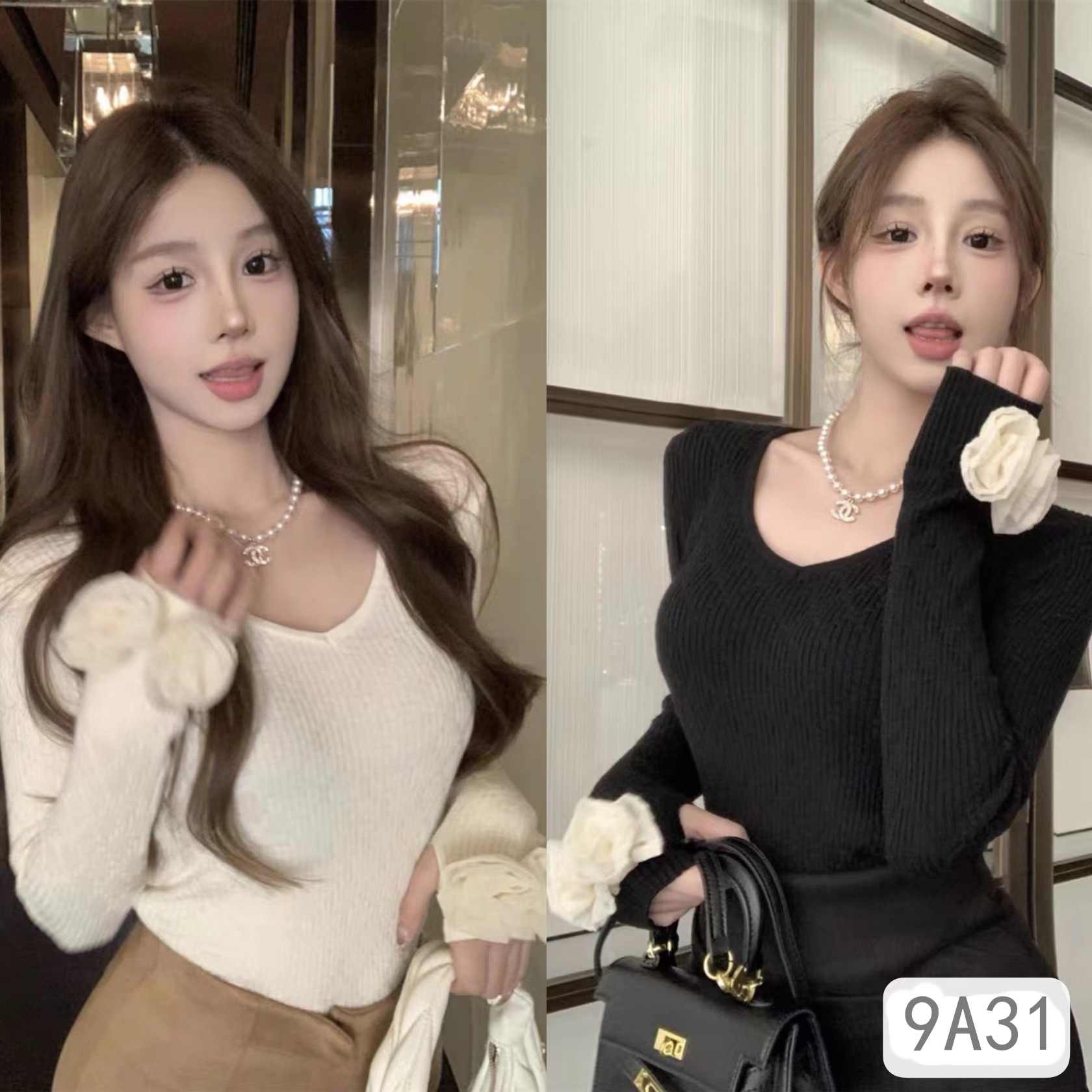 Simple style V-neck sweater for women 2024 spring new solid color short sweater long-sleeved top