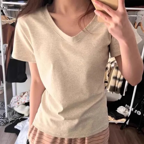 92棉/8氨綸U領正肩短袖t恤女2024夏季純欲風小眾圓領上衣夏