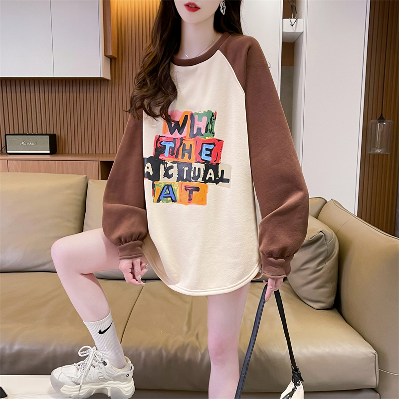 實拍 2024春季280克寬鬆雙面德絨插色印花開叉長袖打底衫T恤女