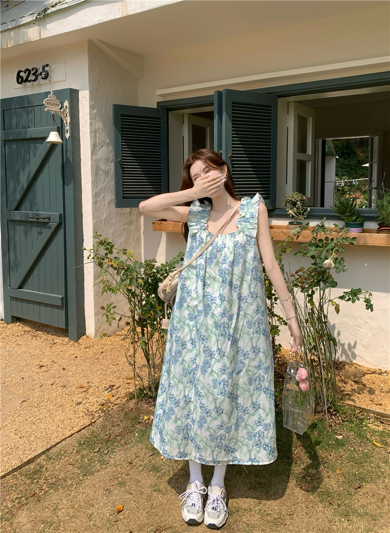 實拍沙灘裙度假小飛袖露背連衣裙溫柔風碎花吊帶長裙子
