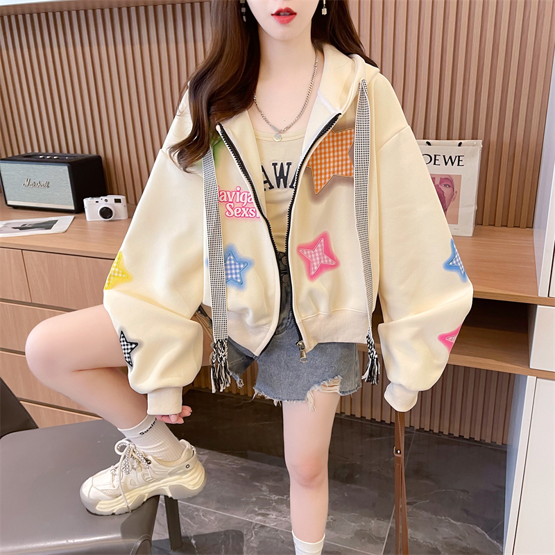 Real shot 2024 spring new Korean version 320g wide hooded star print short large size thin jacket for women