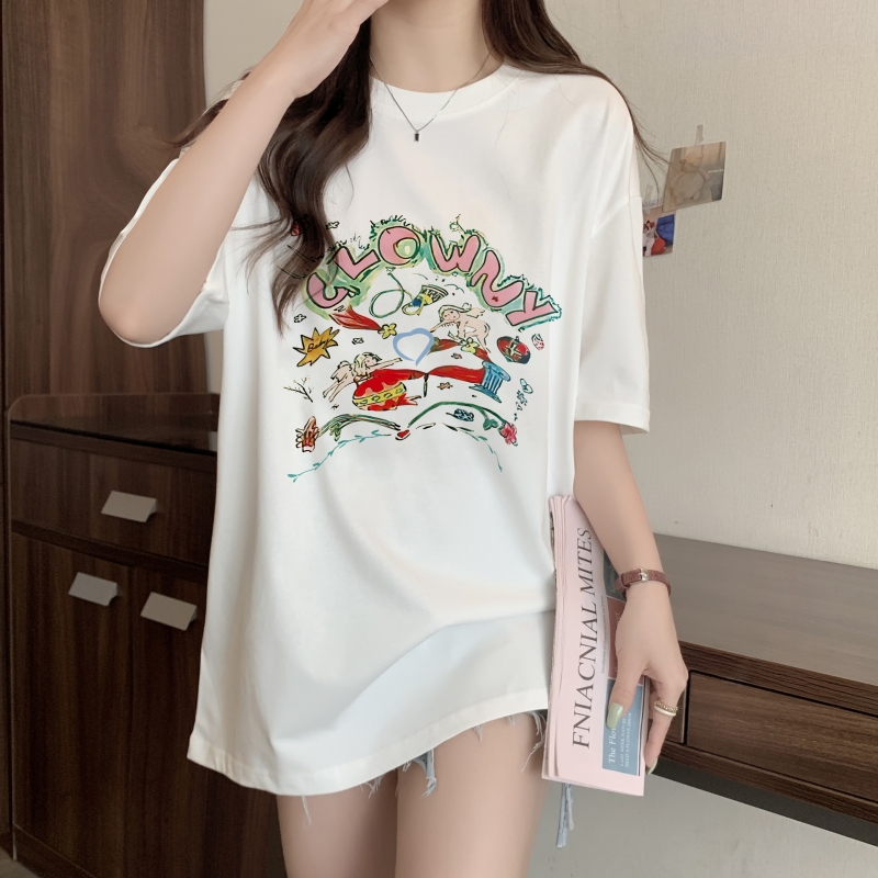 實拍 100%棉精梳純棉 印花夏裝短袖T恤女寬鬆韓版