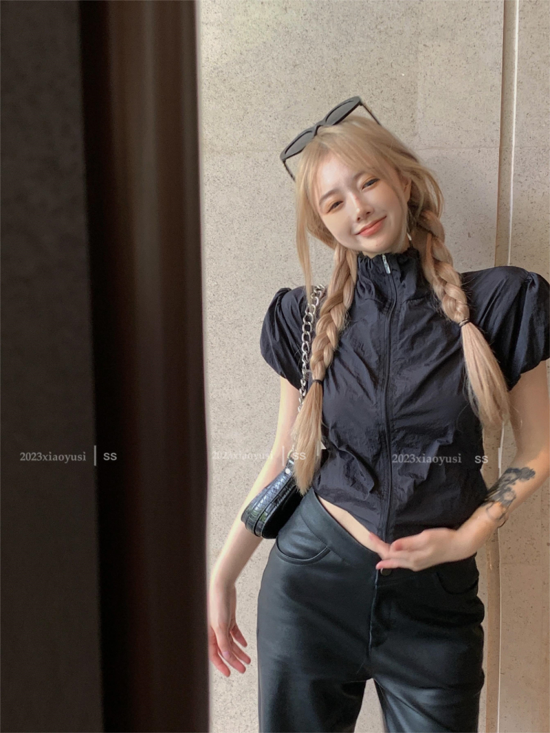 Real shot small turtleneck zipper functional sports style jacket waist casual short-sleeved sun protection jacket top for women
