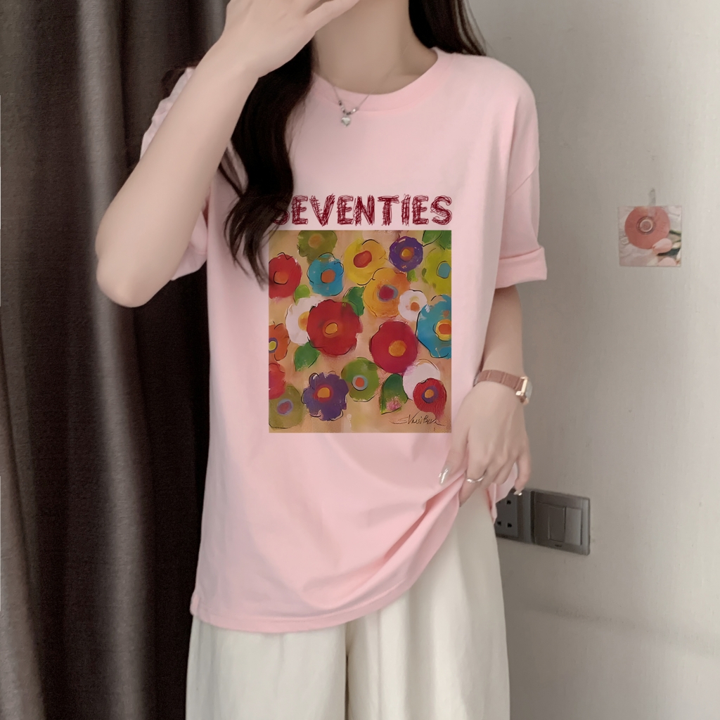 實拍 100%棉精梳純棉 印花夏裝短袖T恤女寬鬆韓版
