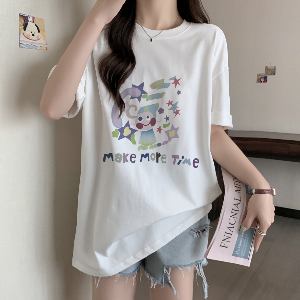 實拍 100%棉精梳純棉 印花夏裝短袖T恤女寬鬆韓版