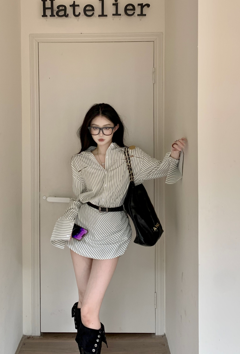 實拍~條紋襯衫連衣裙長袖收腰顯瘦復古短款裙子