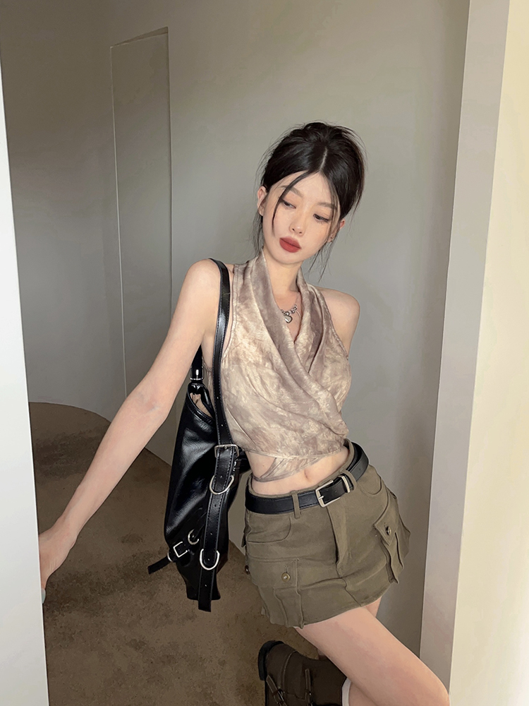 實拍掛脖綁帶高級感吊帶背心新款性格辣妹純欲度假風上衣