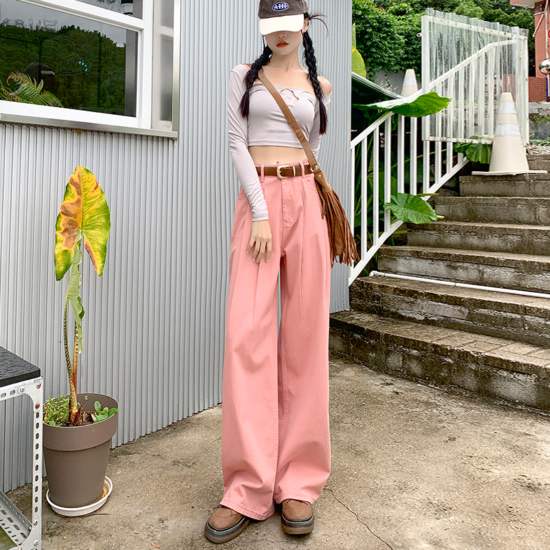 實拍2024早春韓版牛仔褲女高腰寬鬆顯瘦闊腿直筒拖地長褲