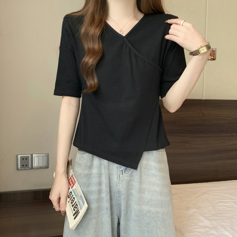 實拍 40支純棉 2024夏裝不規則小眾交叉短袖T恤女V領短款上衣